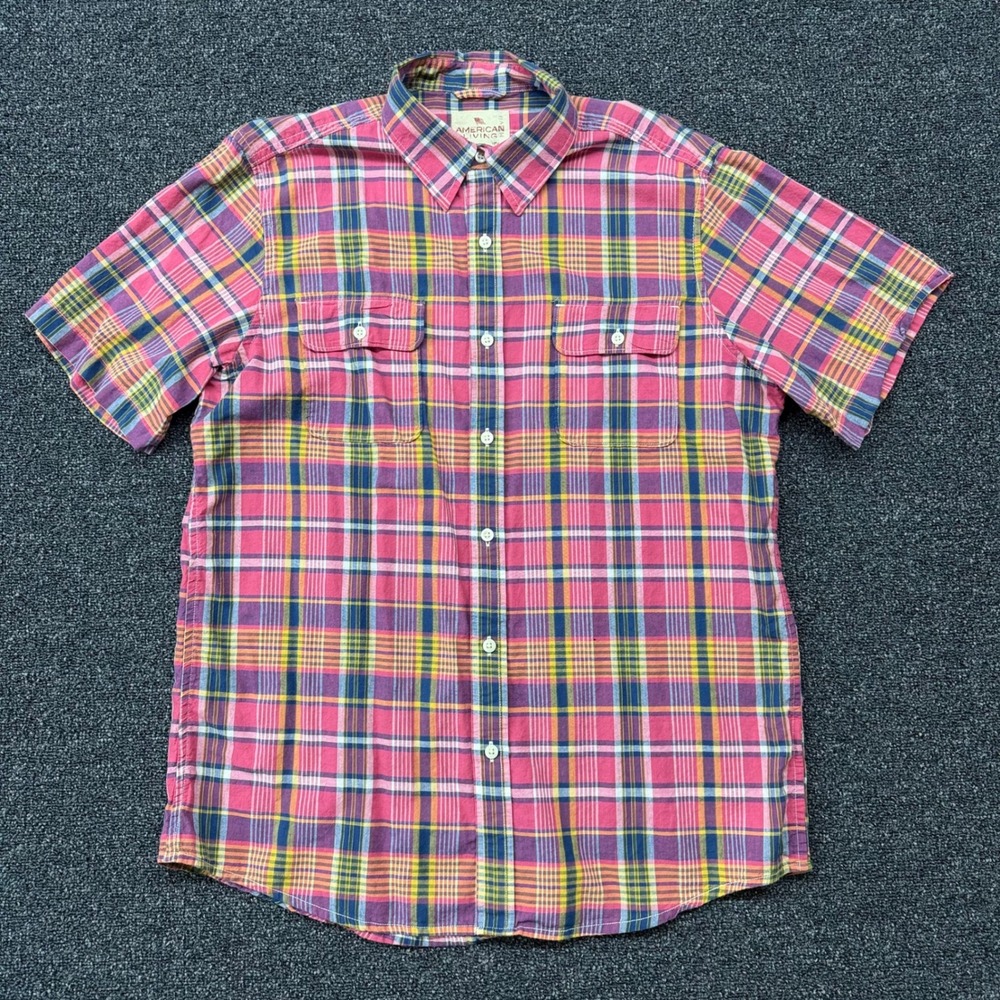 American Living Plaid Shirt Men's L Pink Yellow Blue Short Sleeve Button Down‎
